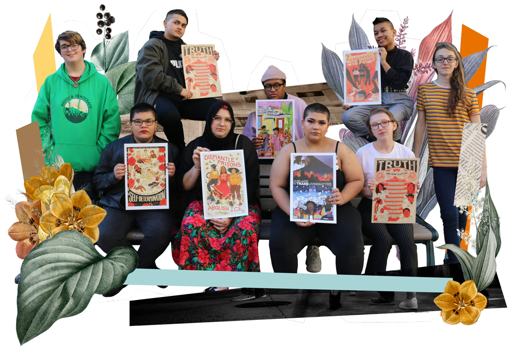 Youth sitting and standing around a bench, holding posters of the TRUTH program.